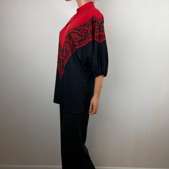 Vintage 70s Miss Shaheen Pant Set Medium Bold Red & Black Tunic Wide Leg Pants - Picture 5 of 13